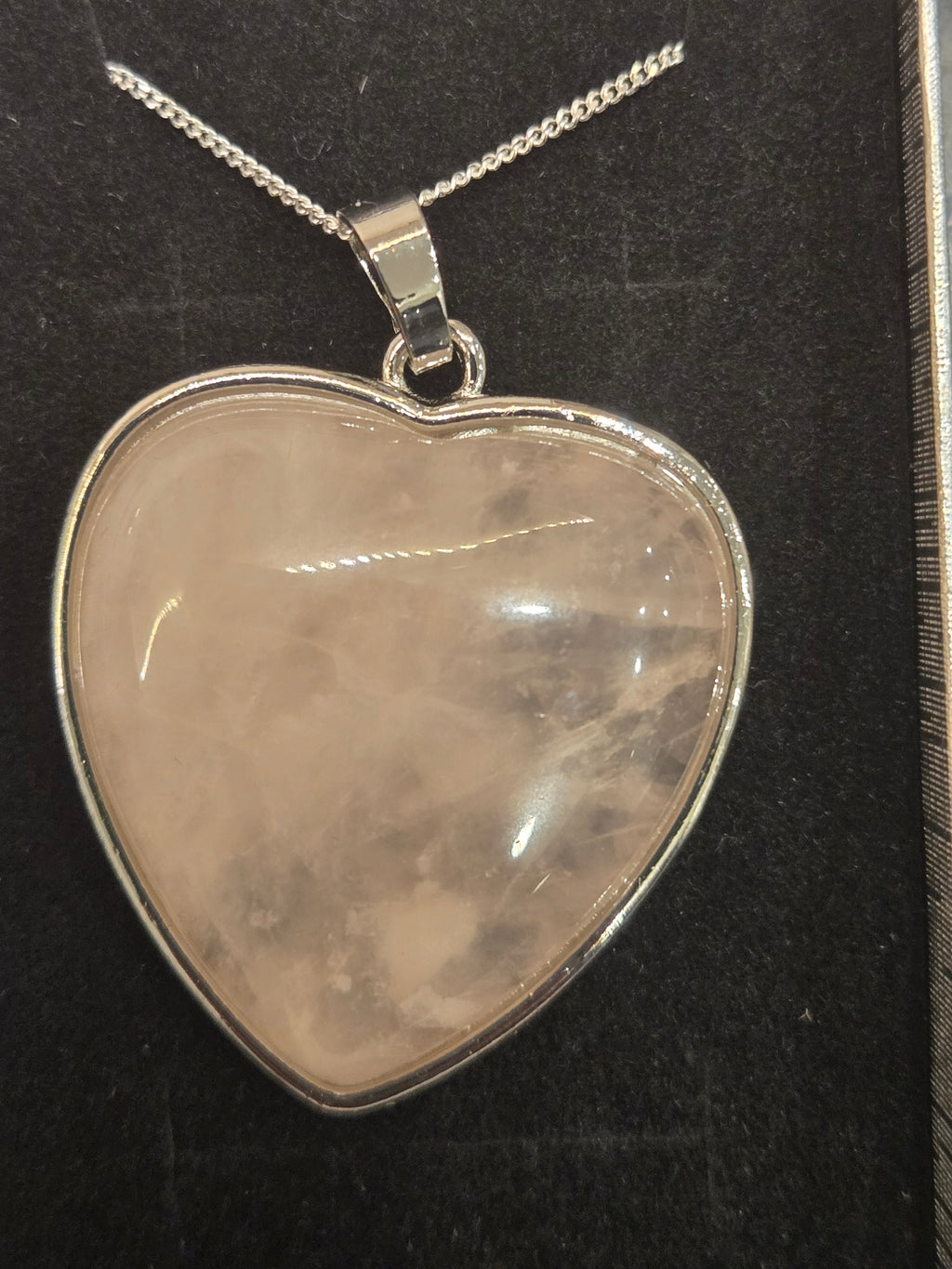 Rose Quartz Heart Pendant on Silver Chain.