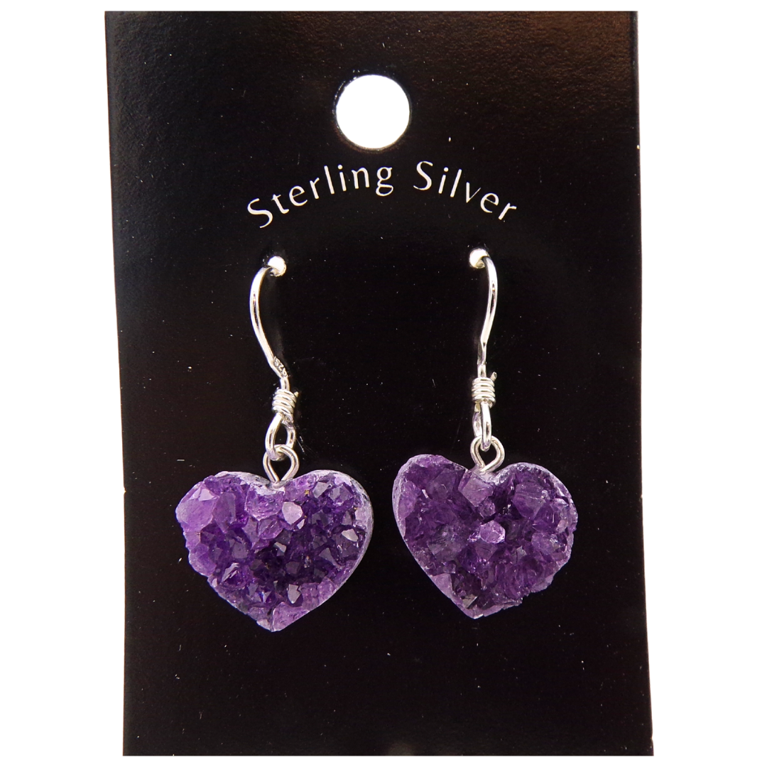 Amethyst Druze Heart Earrings 925 Silver