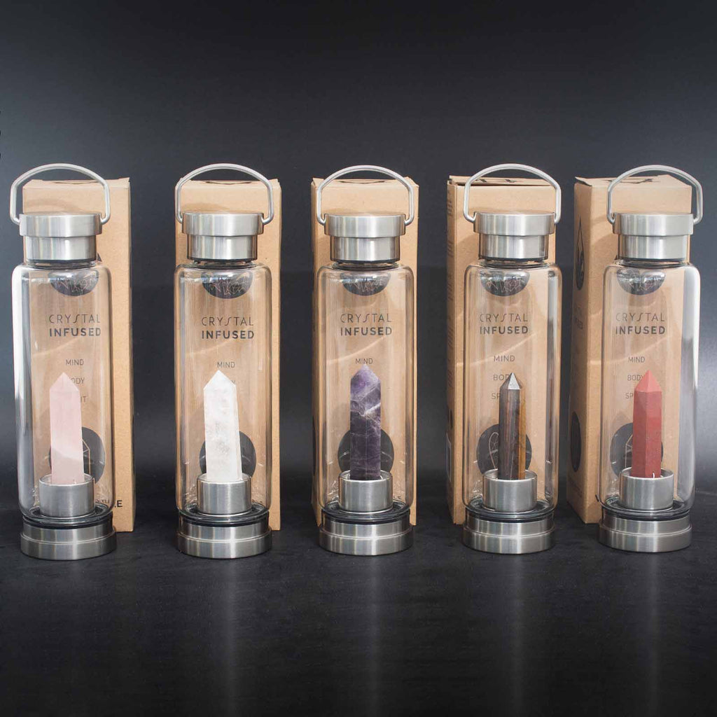 Crystal Infused Glass Water Bottle - Determined Tiger's Eye - Obelisk