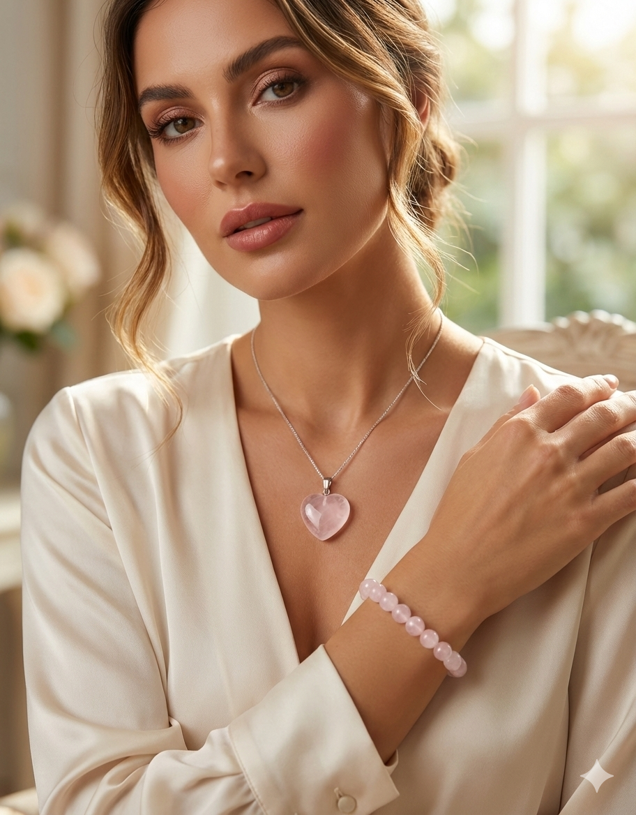 Rose Quartz  Heart Pendant and Bracelet Set.