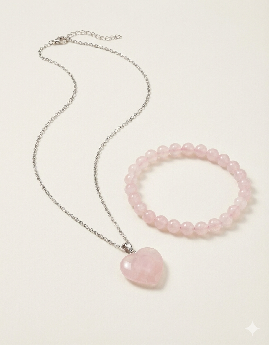 Rose Quartz  Heart Pendant and Bracelet Set.
