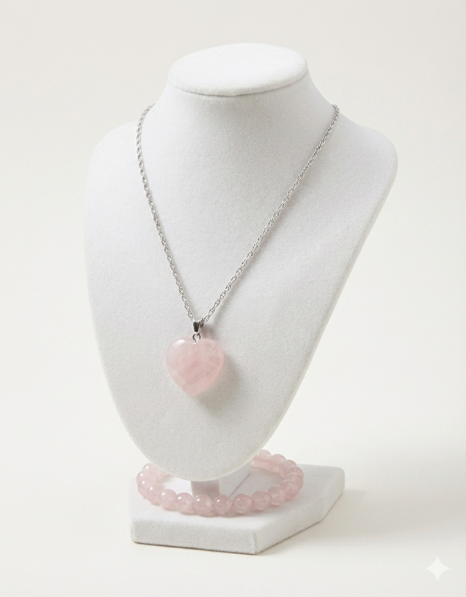 Rose Quartz  Heart Pendant and Bracelet Set.