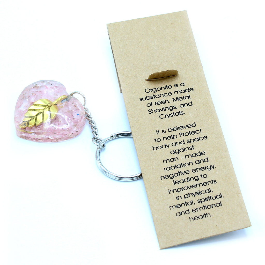 Orgonite Power Keyring - Rose Quartz Heart Golden Leaf