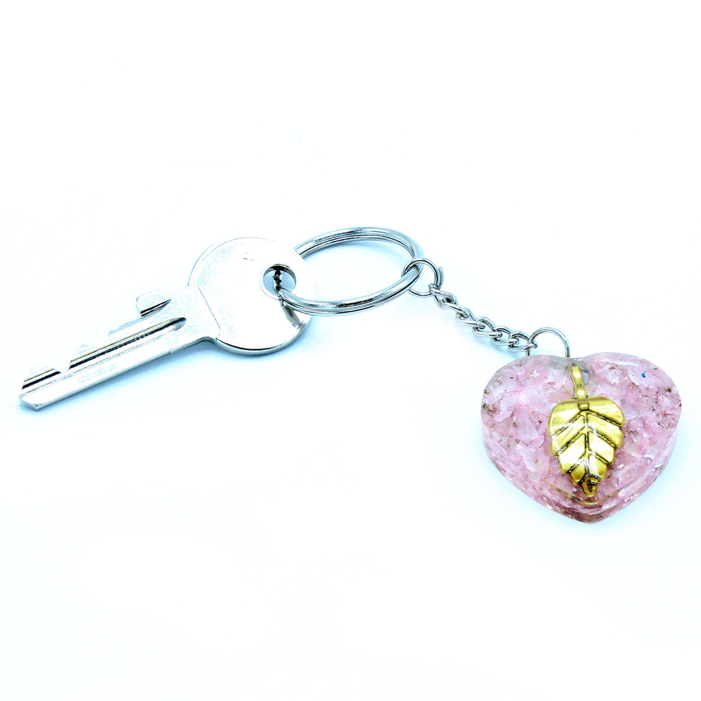 Orgonite Power Keyring - Rose Quartz Heart Golden Leaf
