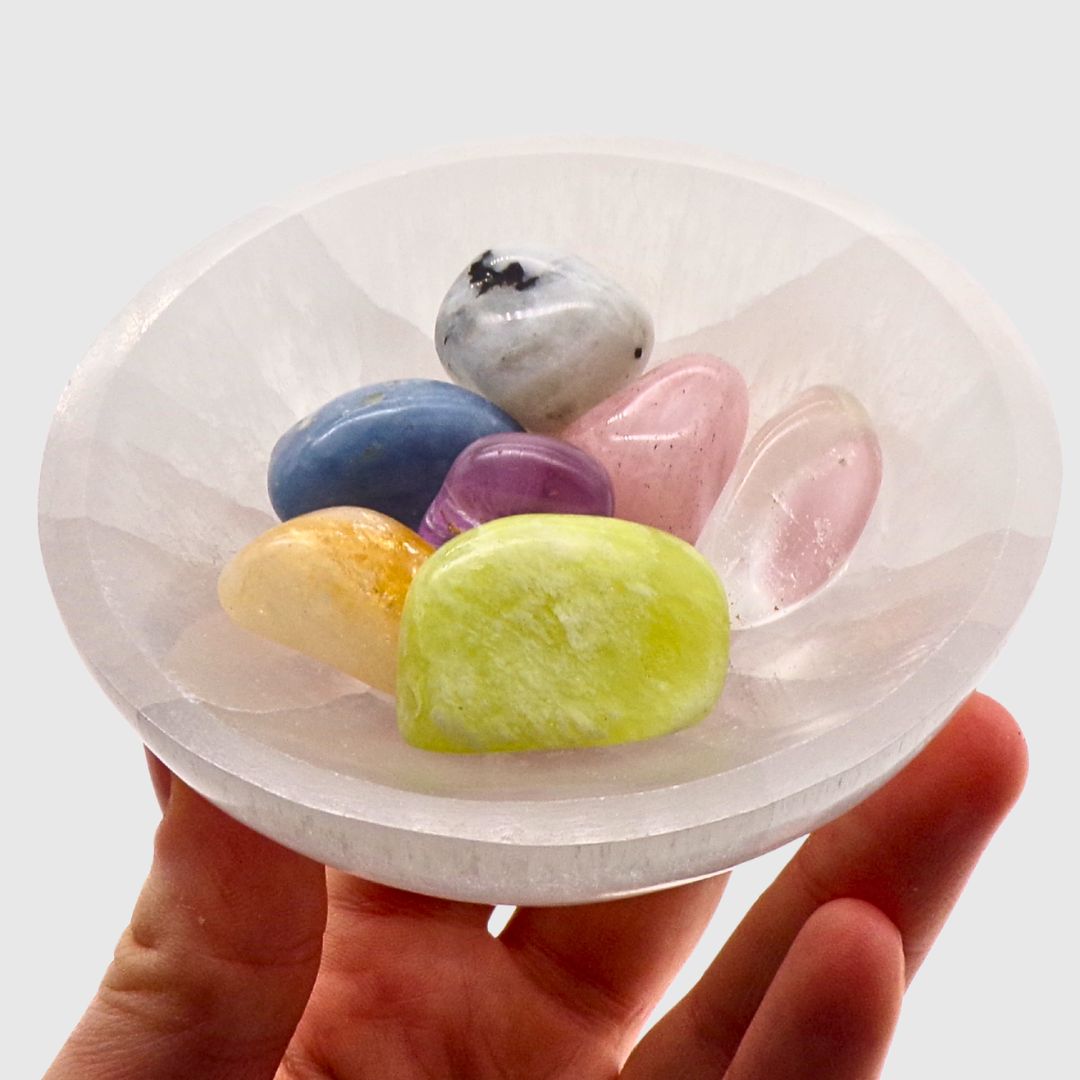 Selenite Round Bowl Healing Tumble Set (10cm)