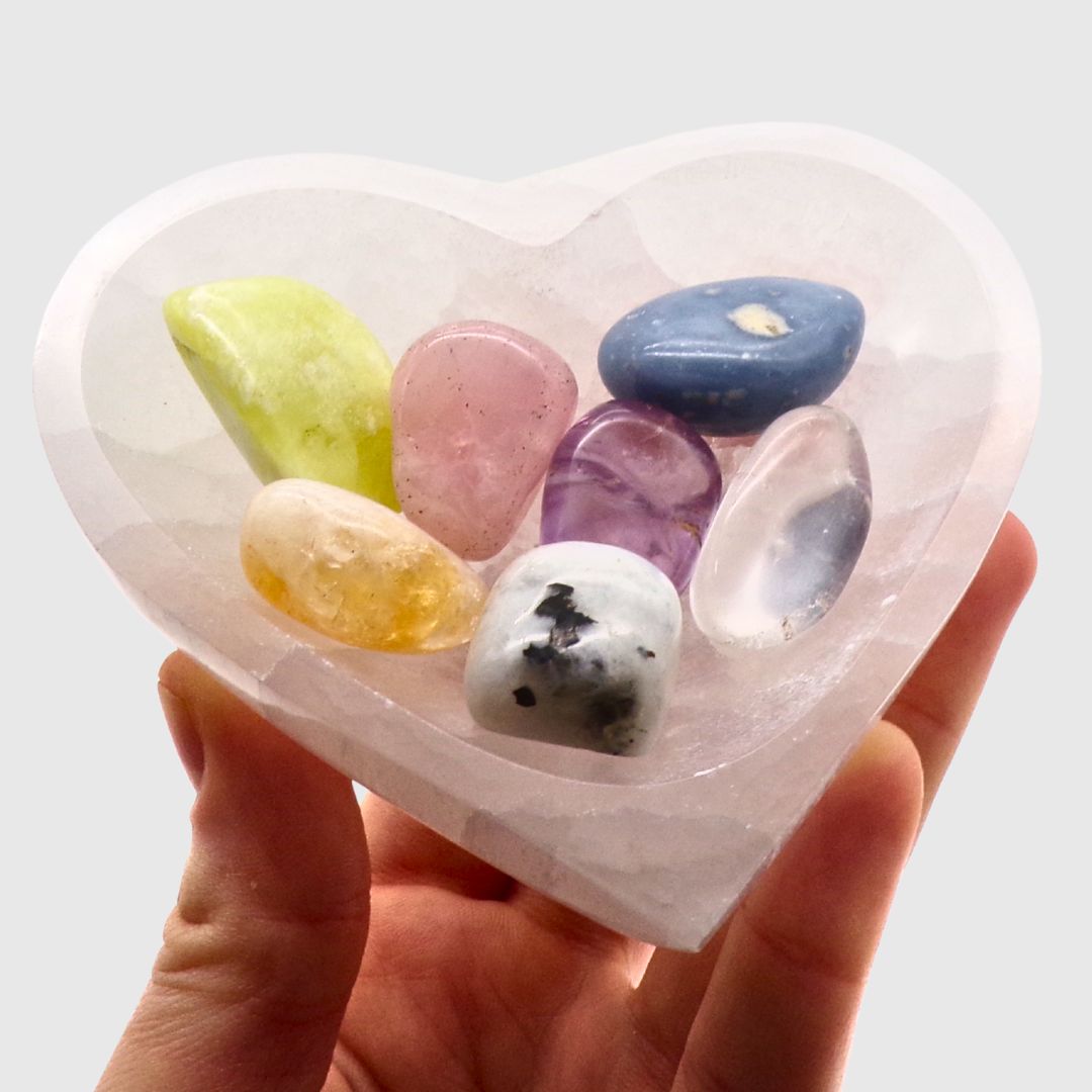 Selenite Heart Bowl Healing Tumble Set (10cm)