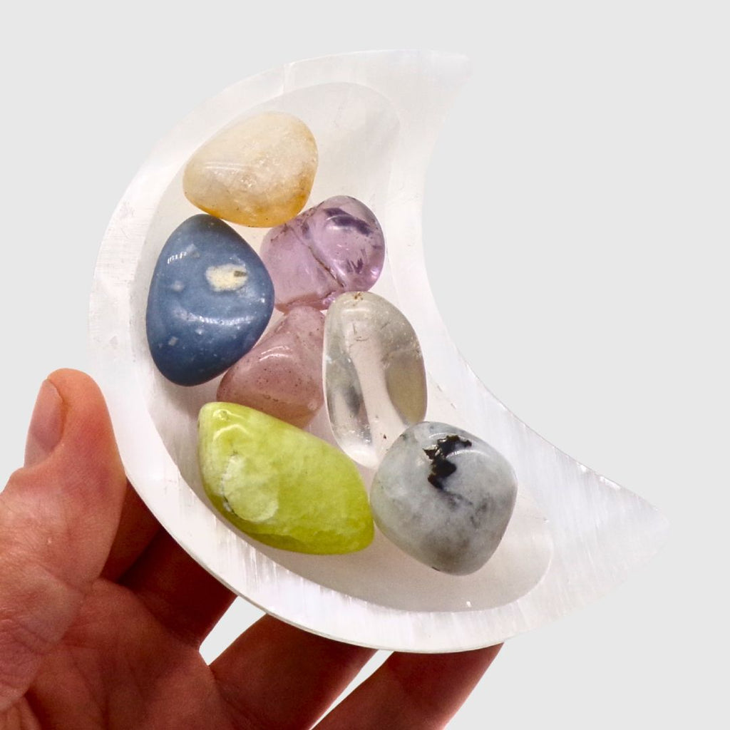 Selenite Moon Bowl Healing Tumble Set (10cm)