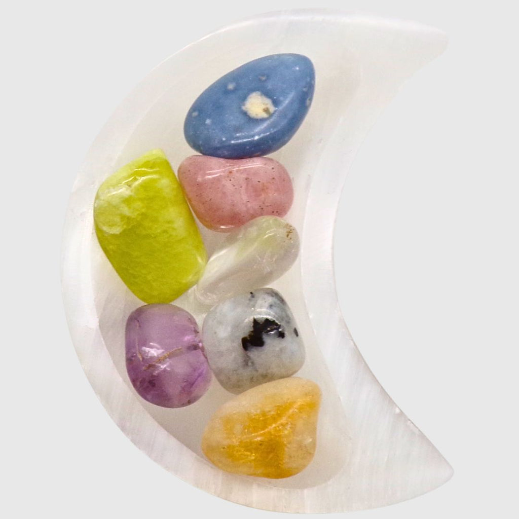 Selenite Moon Bowl Healing Tumble Set (10cm)